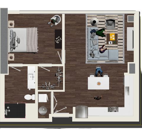 Floor plan for 1 bed, 1 bath, 841 sqft